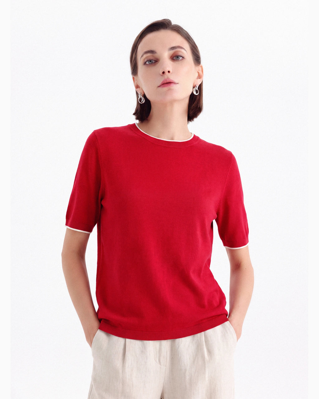 A+ Collection Seamless Merino Wool Contrast Trim Knit Top