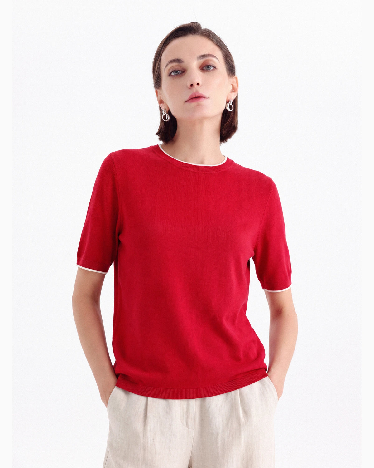 A+ Collection Seamless Merino Wool Contrast Trim Knit Top