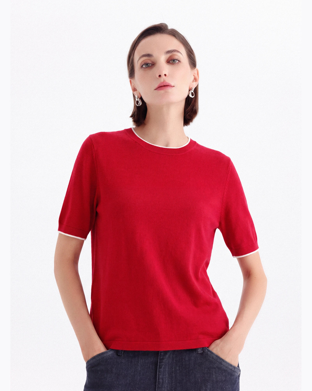 A+ Collection Seamless Merino Wool Contrast Trim Knit Top