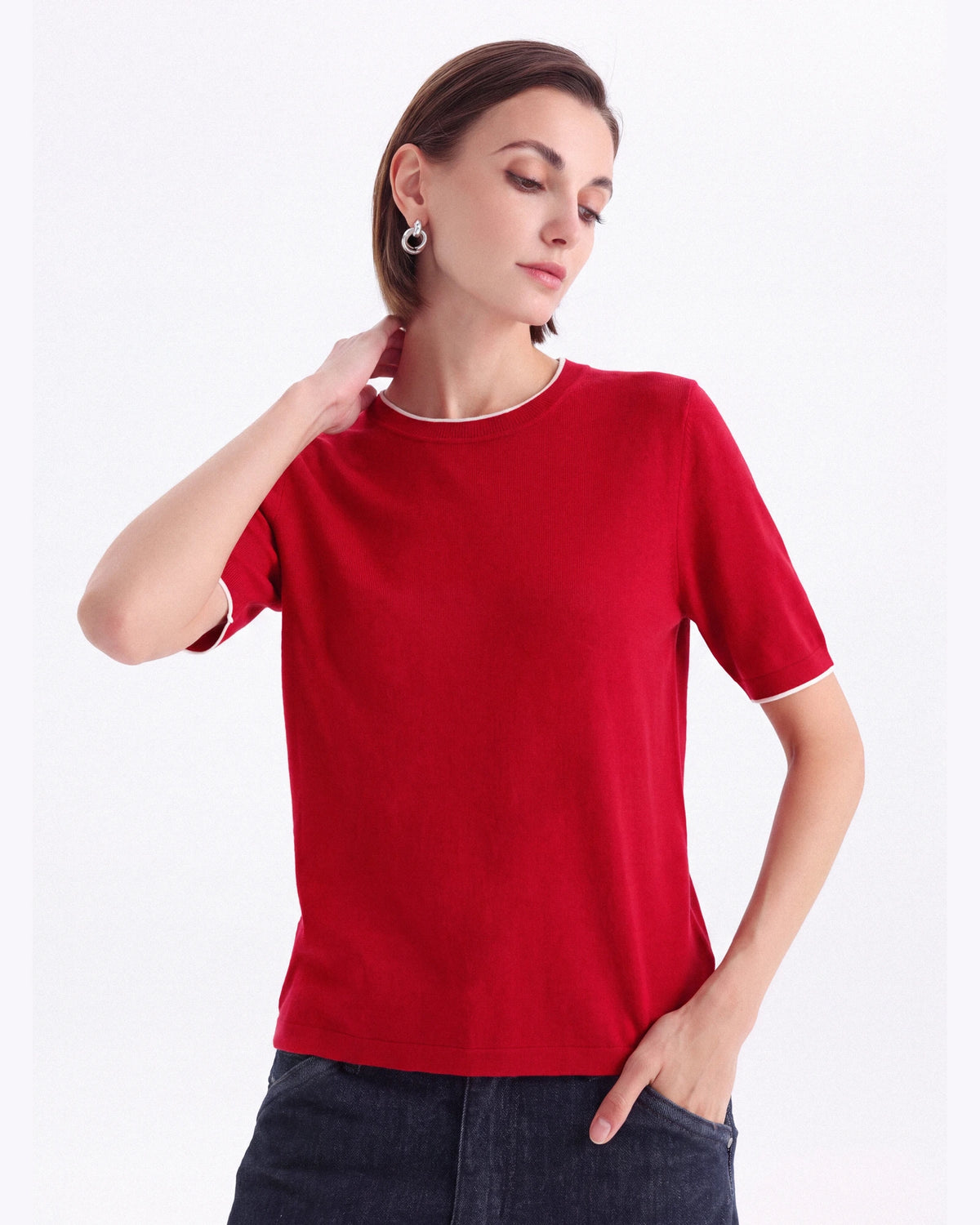 A+ Collection Seamless Merino Wool Contrast Trim Knit Top