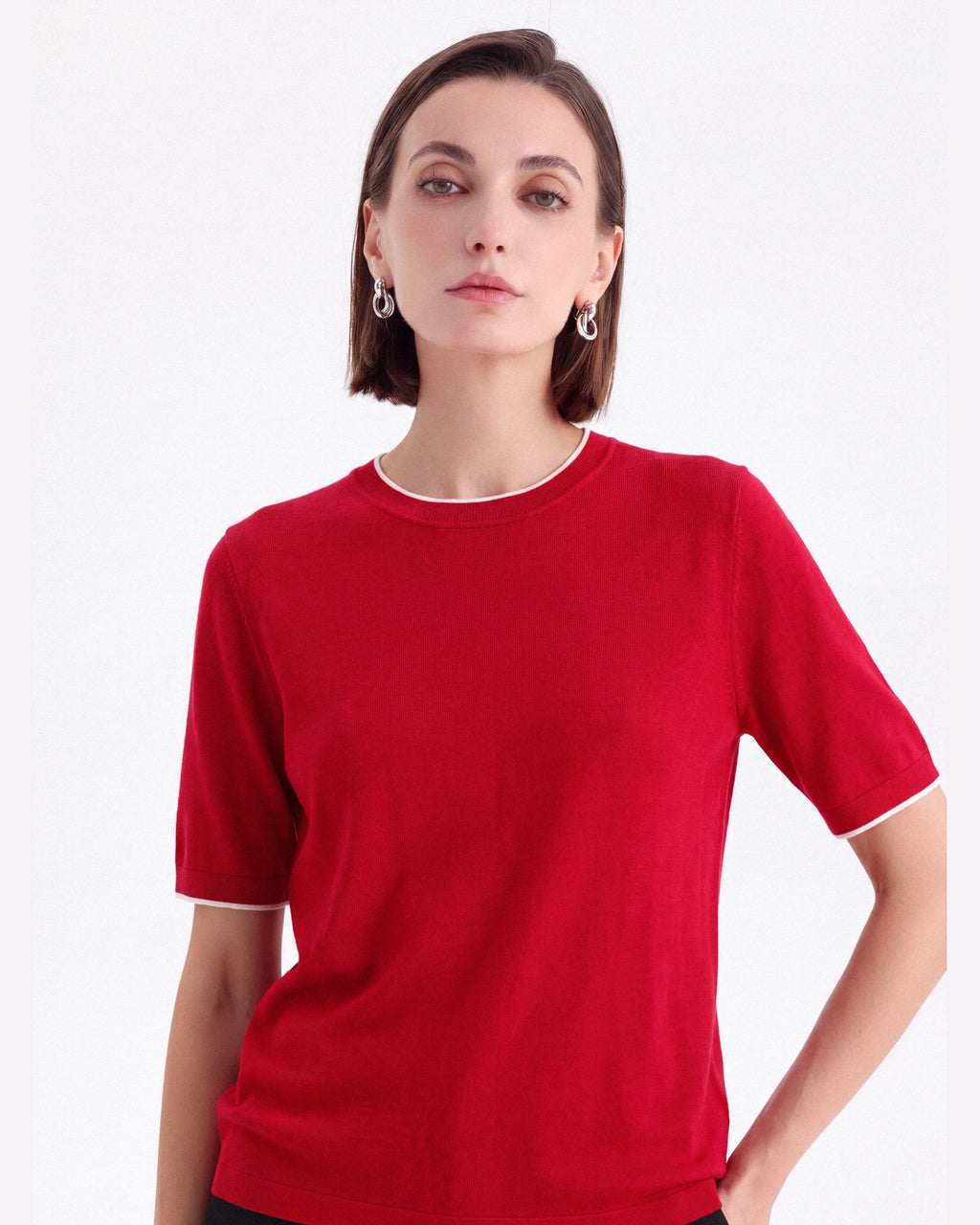 A+ Collection Seamless Merino Wool Contrast Trim Knit Top