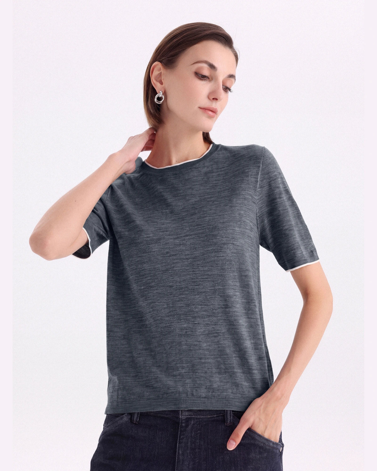 A+ Collection Seamless Merino Wool Contrast Trim Knit Top