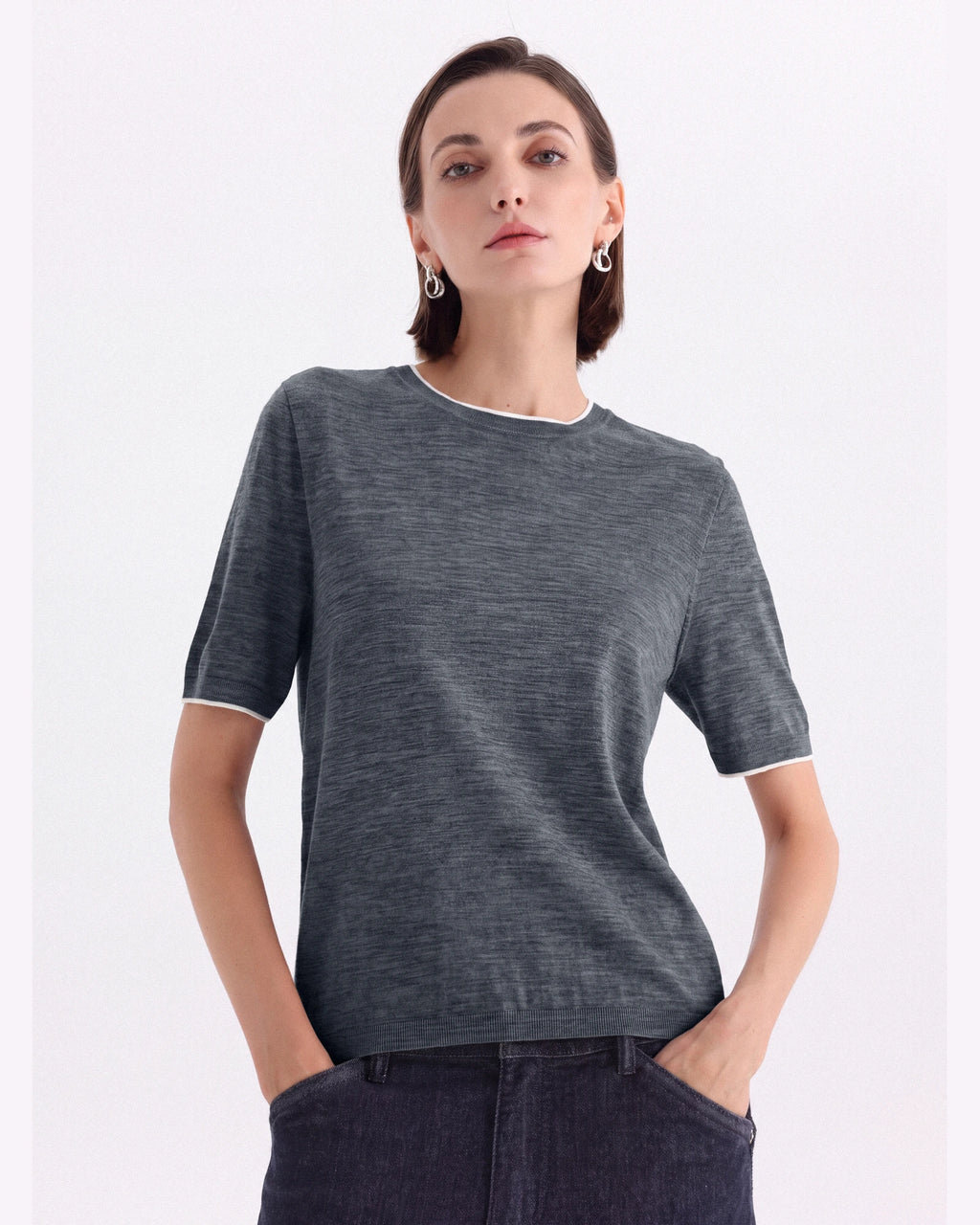 A+ Collection Seamless Merino Wool Contrast Trim Knit Top