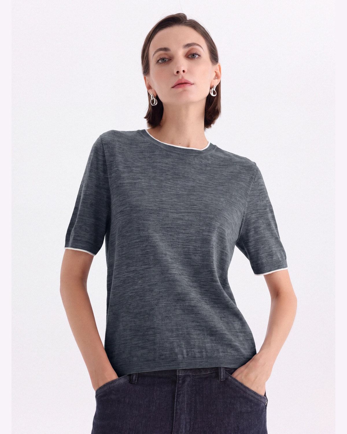 A+ Collection Seamless Merino Wool Contrast Trim Knit Top