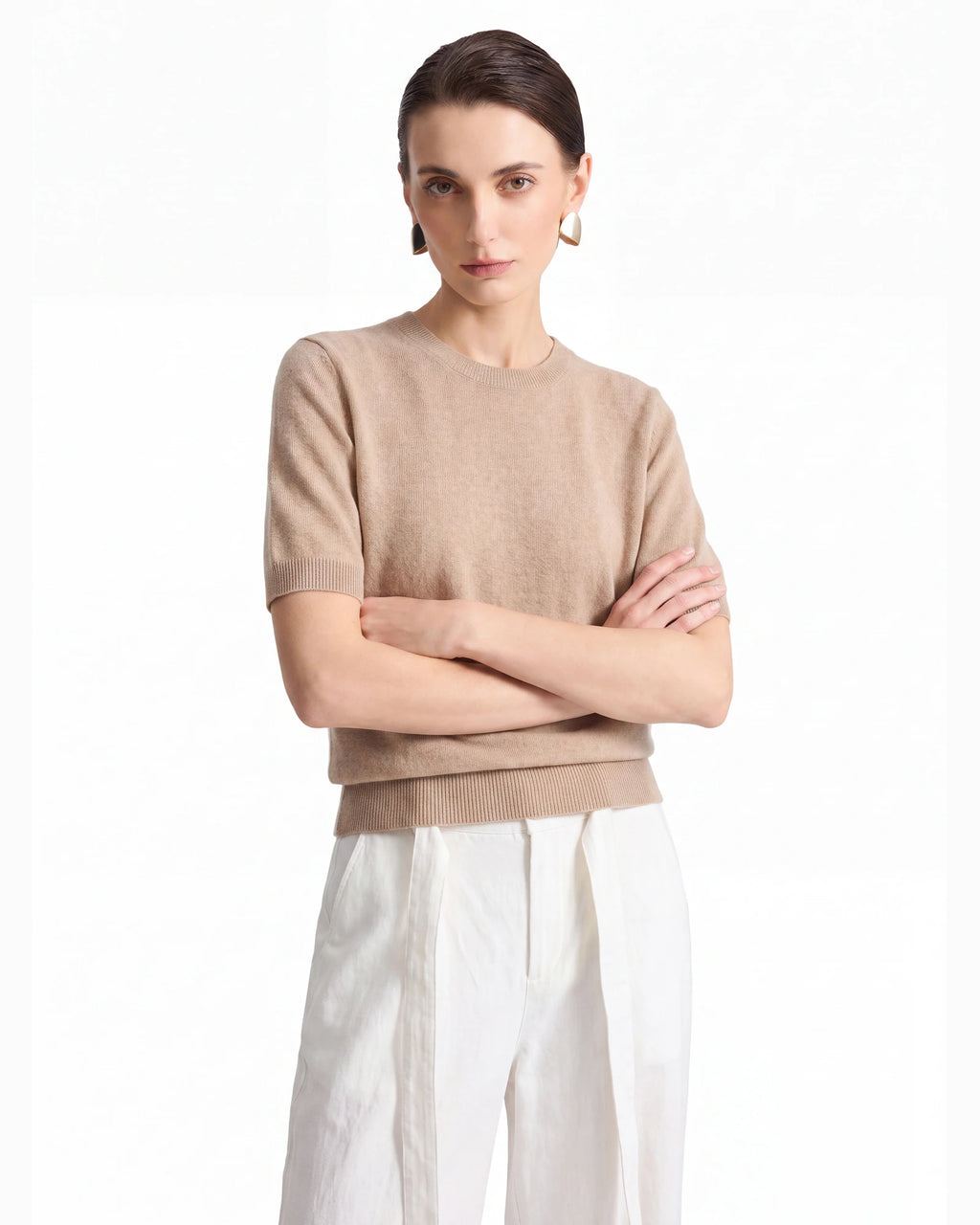 Pure Mongolian Cashmere Short-Sleeve Crewneck Sweater