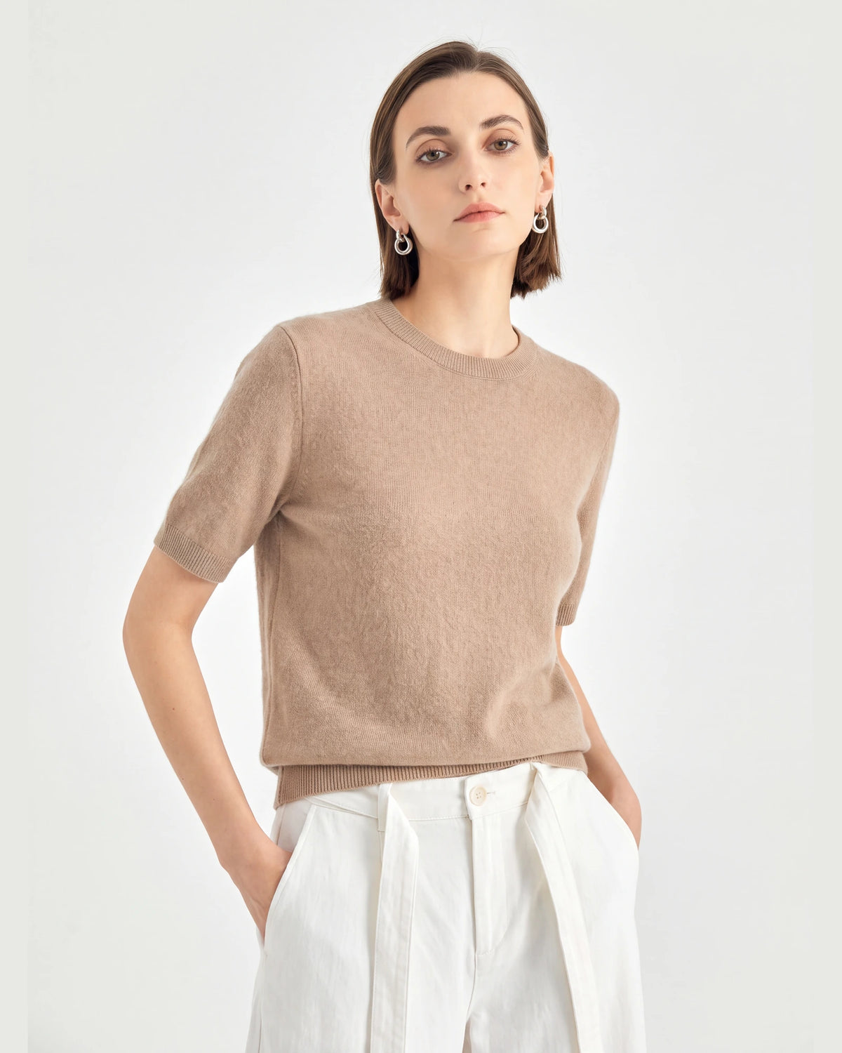 Pure Mongolian Cashmere Short-Sleeve Crewneck Sweater