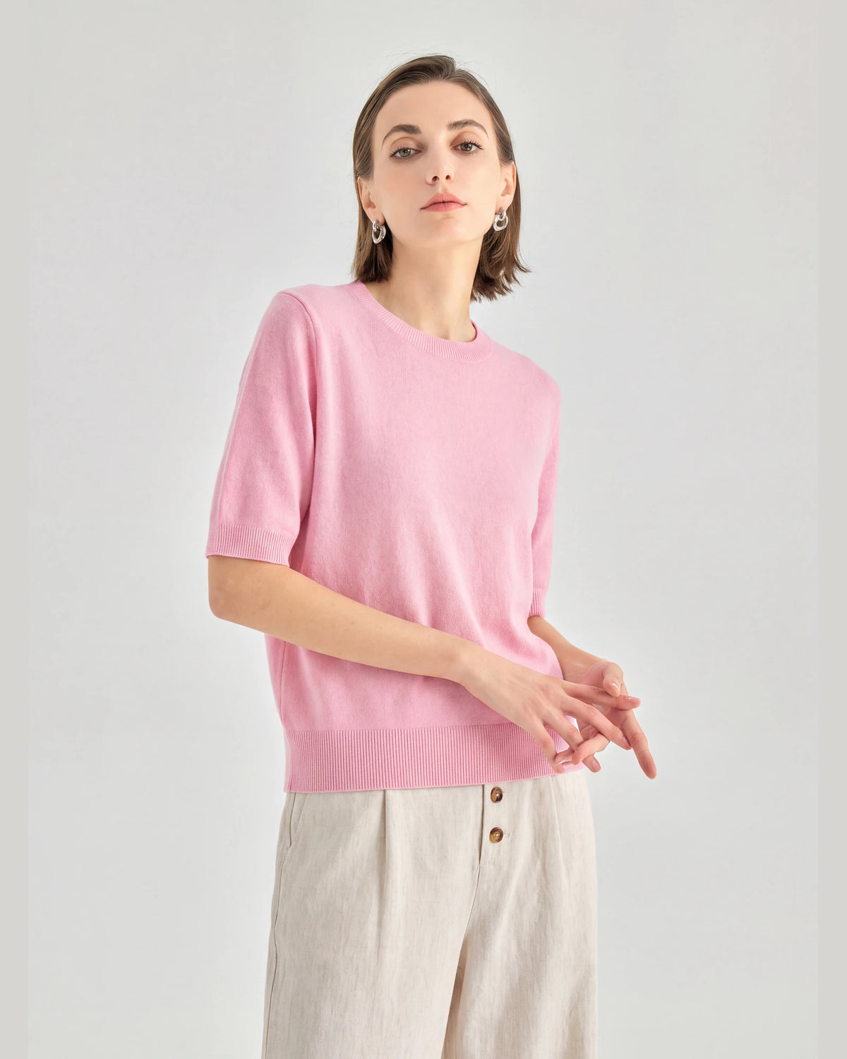 Pure Mongolian Cashmere Short-Sleeve Crewneck Sweater