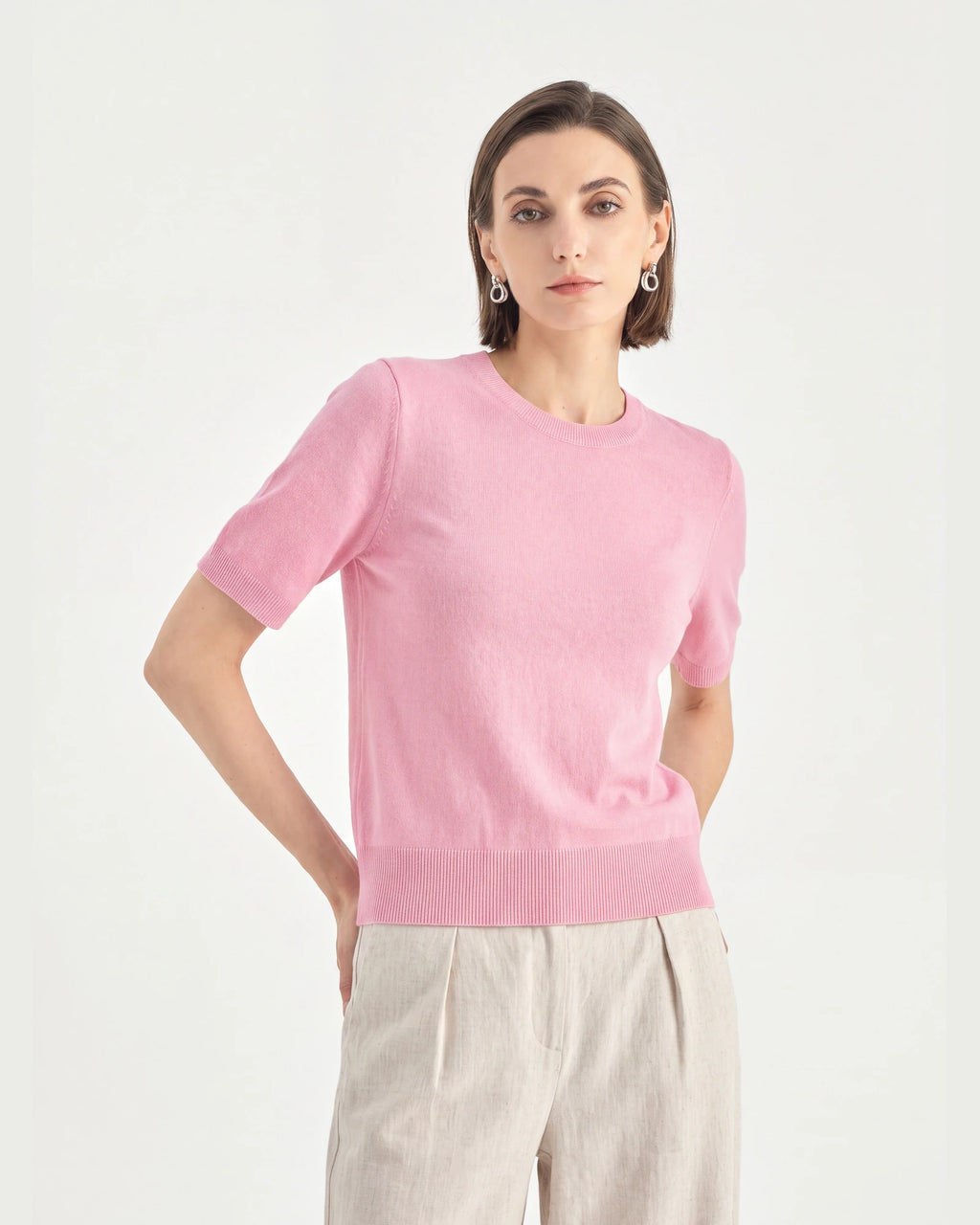 Pure Mongolian Cashmere Short-Sleeve Crewneck Sweater
