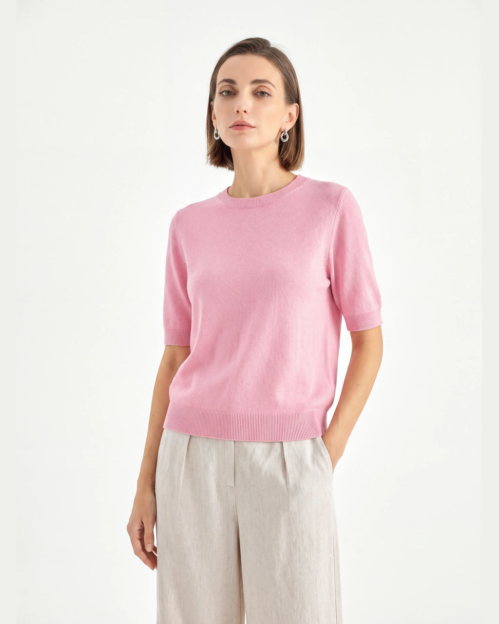 Pure Mongolian Cashmere Short-Sleeve Crewneck Sweater