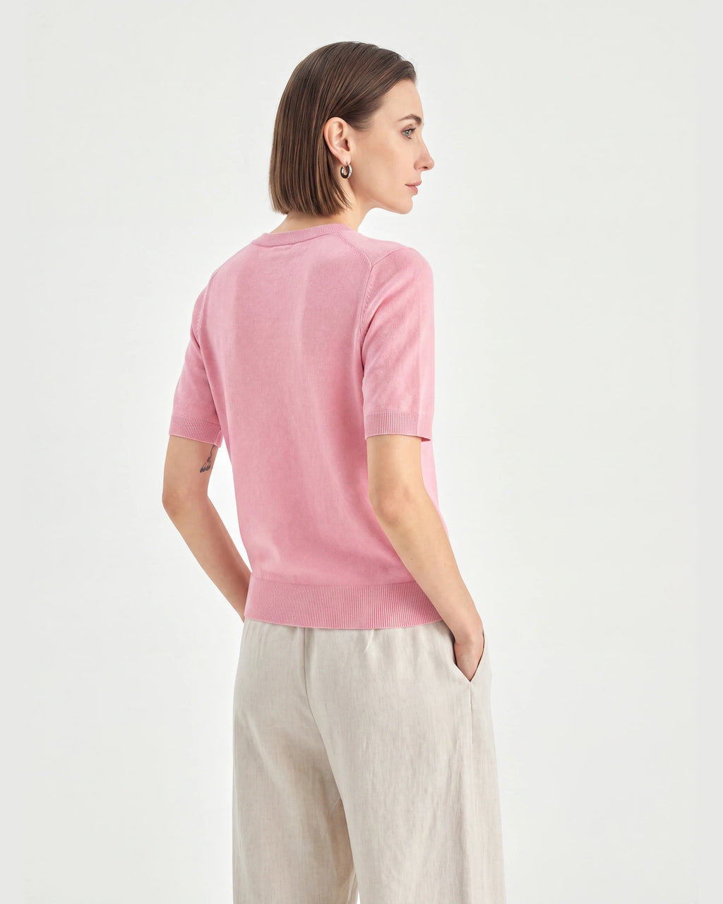 Pure Mongolian Cashmere Short-Sleeve Crewneck Sweater