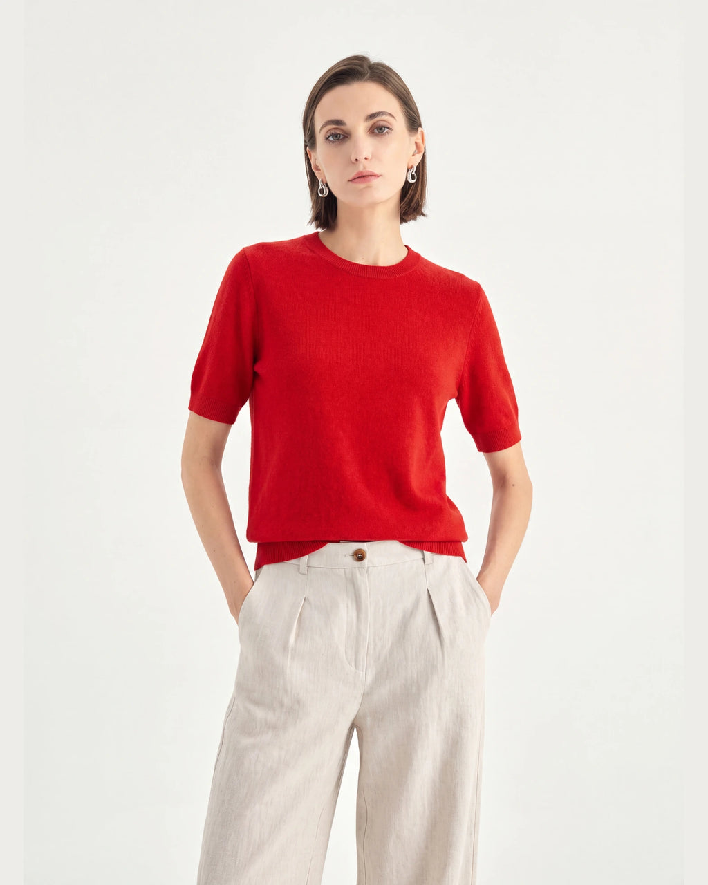 Pure Mongolian Cashmere Short-Sleeve Crewneck Sweater