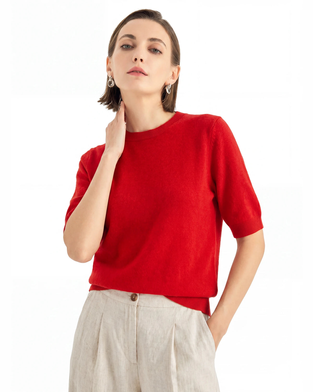 Pure Mongolian Cashmere Short-Sleeve Crewneck Sweater