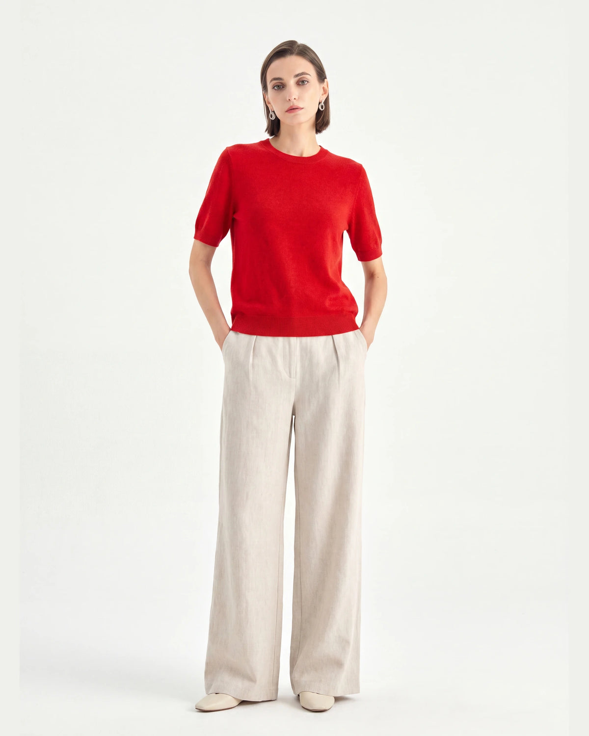 Pure Mongolian Cashmere Short-Sleeve Crewneck Sweater