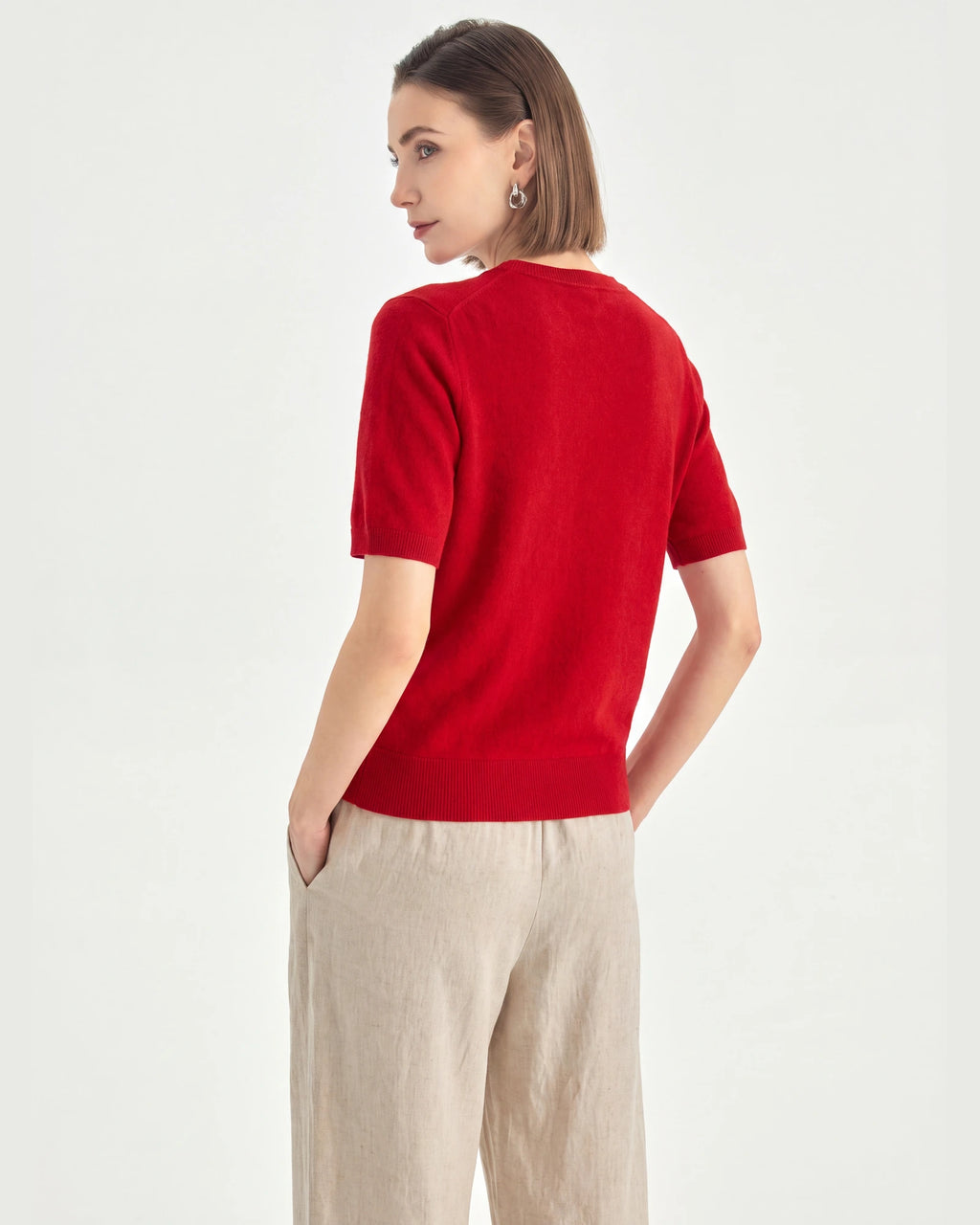 Pure Mongolian Cashmere Short-Sleeve Crewneck Sweater