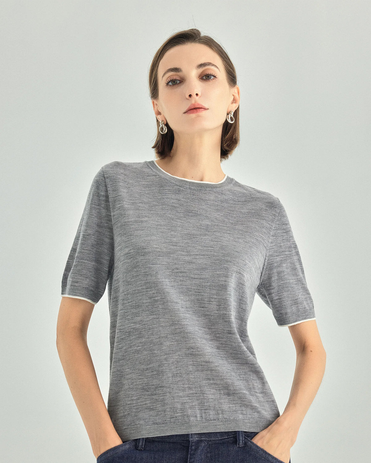A+ Collection Seamless Merino Wool Contrast Trim Knit Top