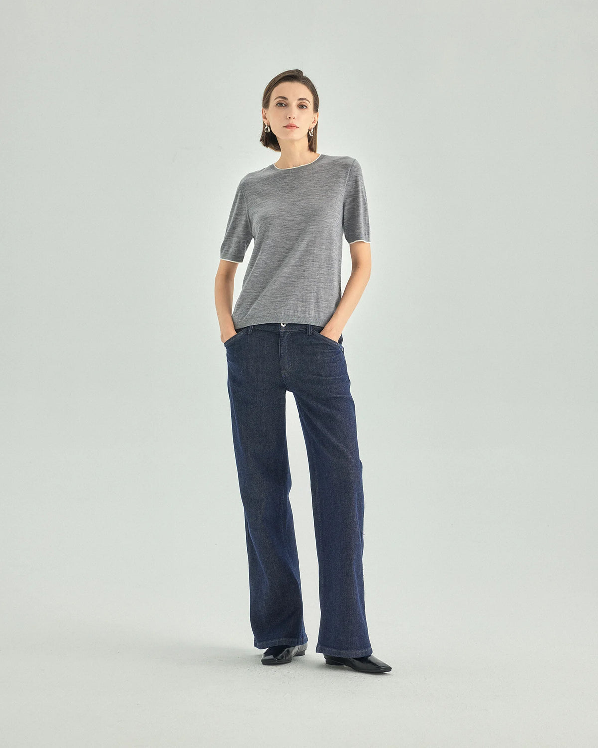 A+ Collection Seamless Merino Wool Contrast Trim Knit Top