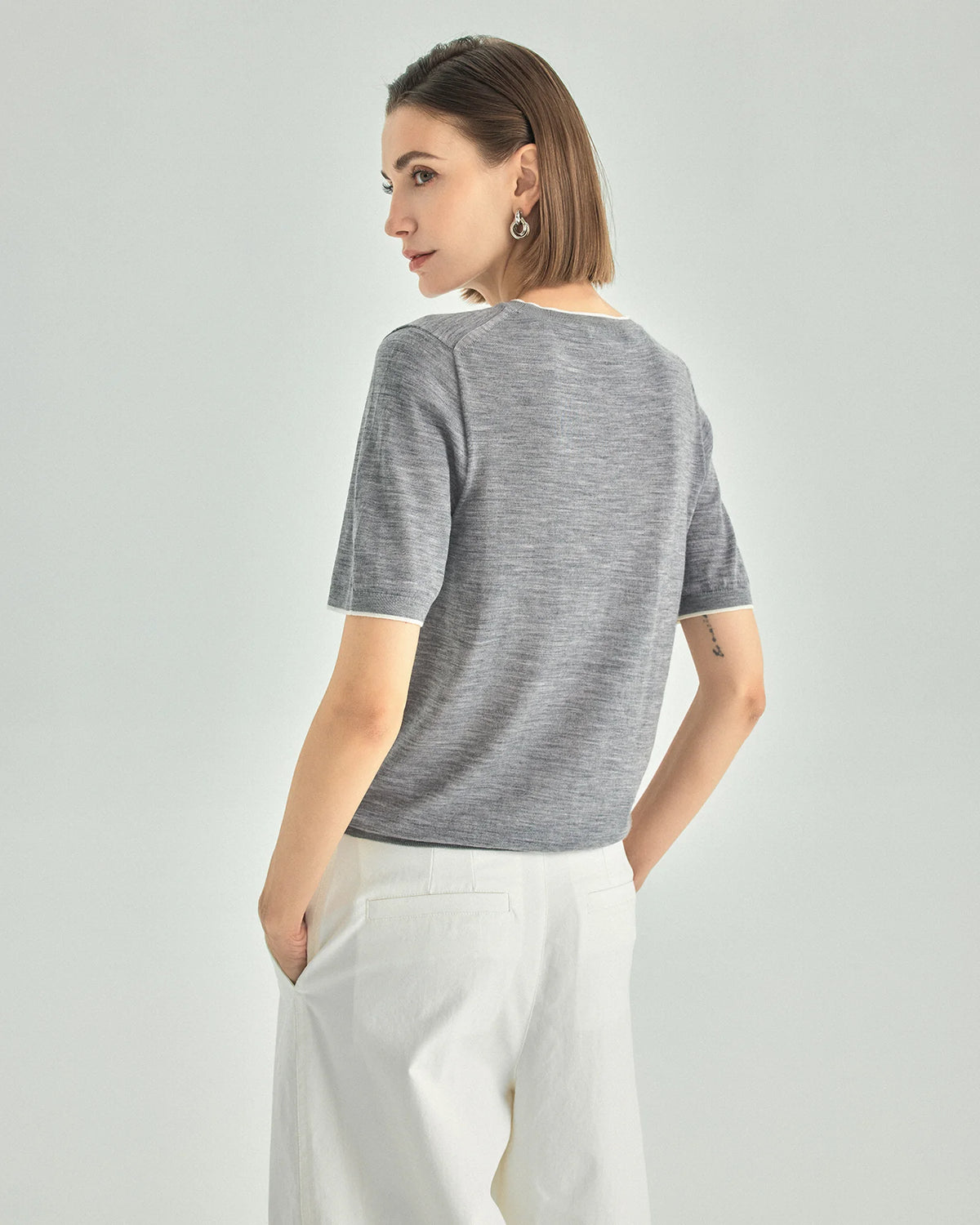 A+ Collection Seamless Merino Wool Contrast Trim Knit Top