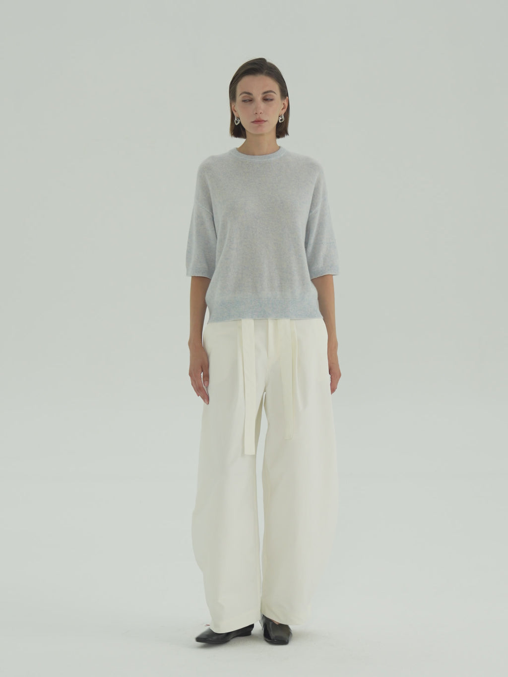 Cashmere Silk Elbow-Sleeve Crewneck Sweater