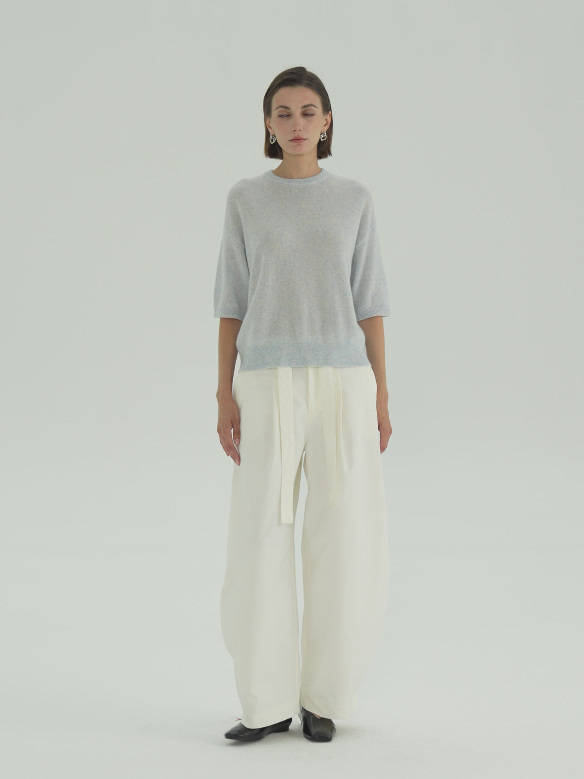 Cashmere Silk Elbow-Sleeve Crewneck Sweater